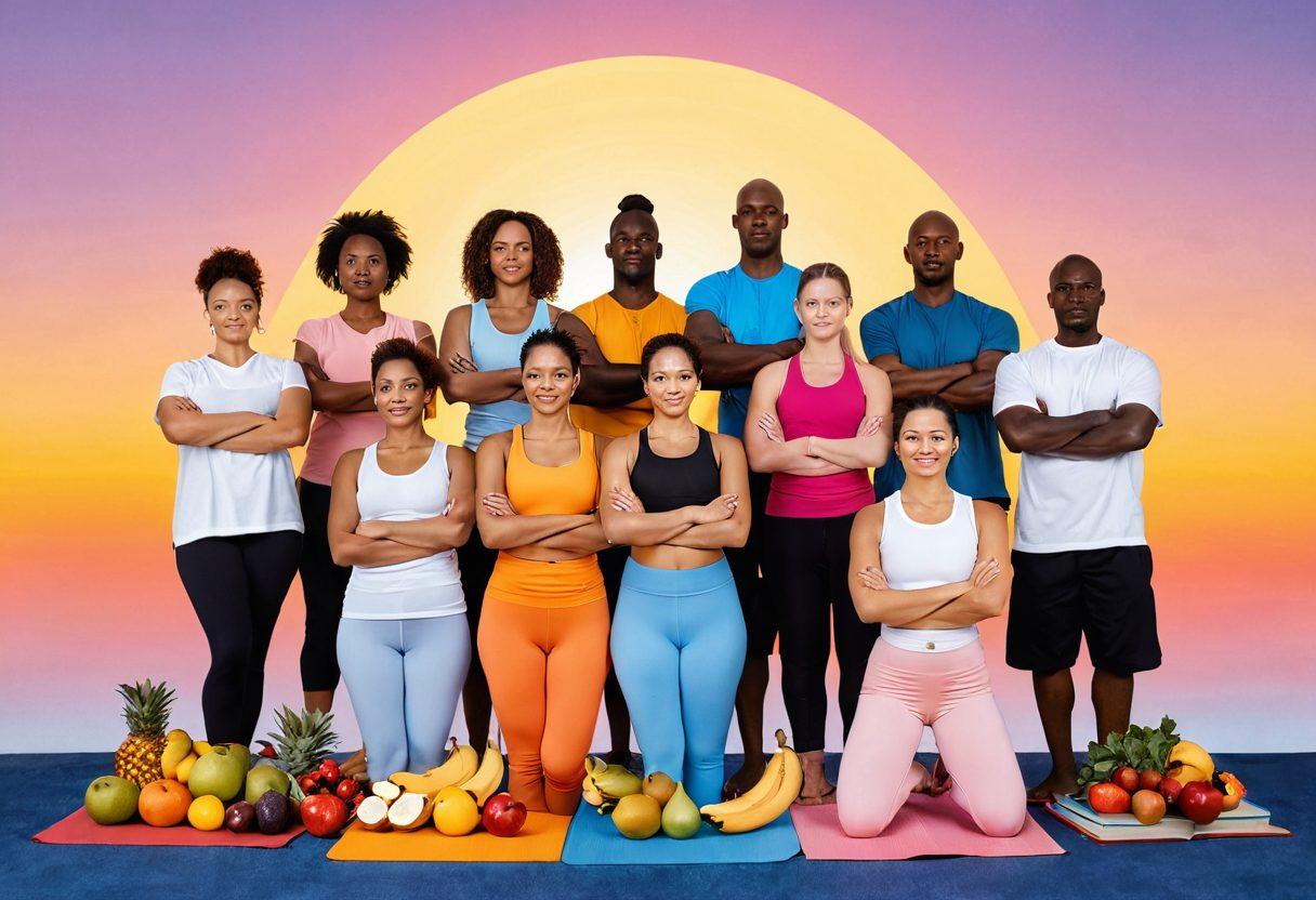 A strong, diverse group of individuals standing confidently with their arms crossed, surrounded by symbols of wellness like fruits, yoga mats, and books on self-care. The background features a vibrant sunrise symbolizing hope and new beginnings, while tiny icons of prevention strategies float around, such as vaccinations and exercise equipment. The scene radiates positivity and empowerment. super-realistic. vibrant colors. soft gradient background.