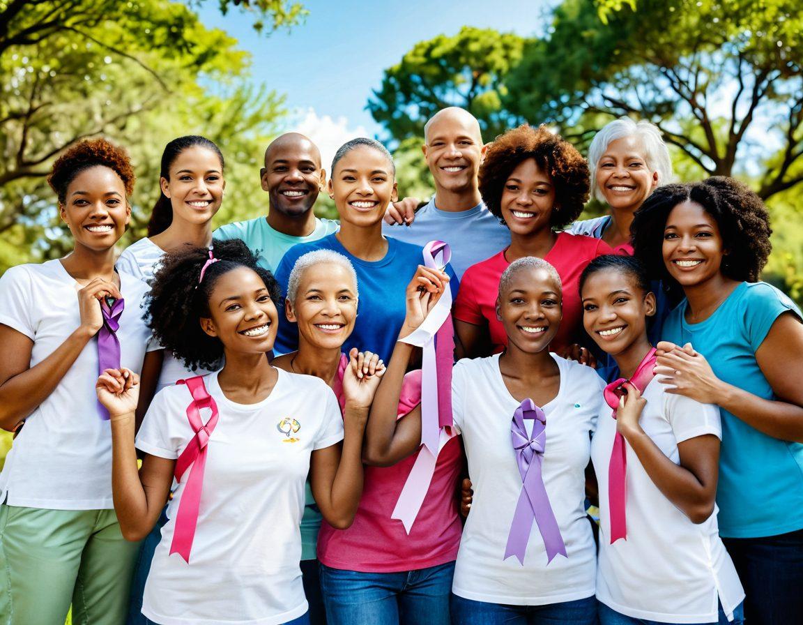 A diverse group of people embracing and supporting each other, symbolizing unity in adversity, surrounded by symbols of cancer awareness like ribbons and resources like pamphlets. The background features a serene park setting with lush greenery and a bright sky, conveying hope and empowerment. super-realistic. vibrant colors. soft focus.