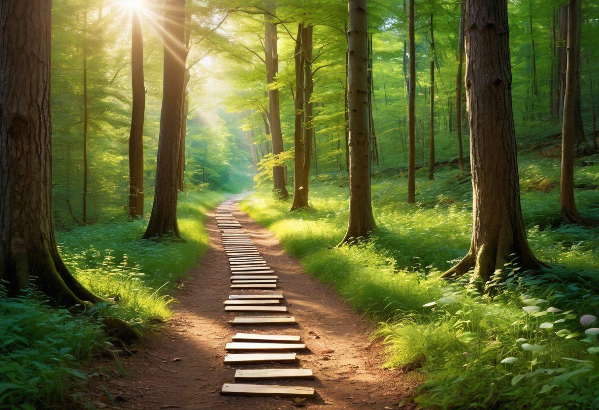 A serene path through a lush green forest symbolizing personal growth, with impactful book covers and resources about cancer awareness scattered along the trail. Soft sunlight filtering through the trees, illuminating knowledge and hope. A diverse group of individuals, including cancer survivors, discussing and sharing insights on the path. The atmosphere is uplifting and empowering. vibrant colors. super-realistic.